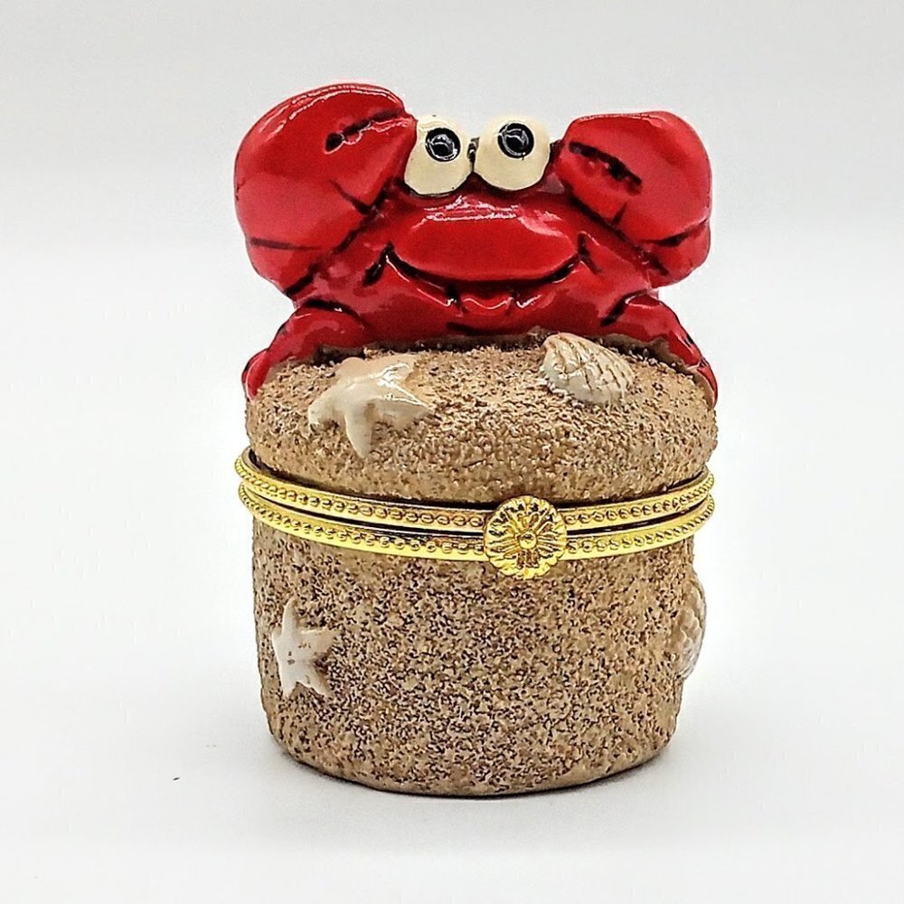 Red Crab Ceramic Tan Stone Gold Hinged Round Trinket Box